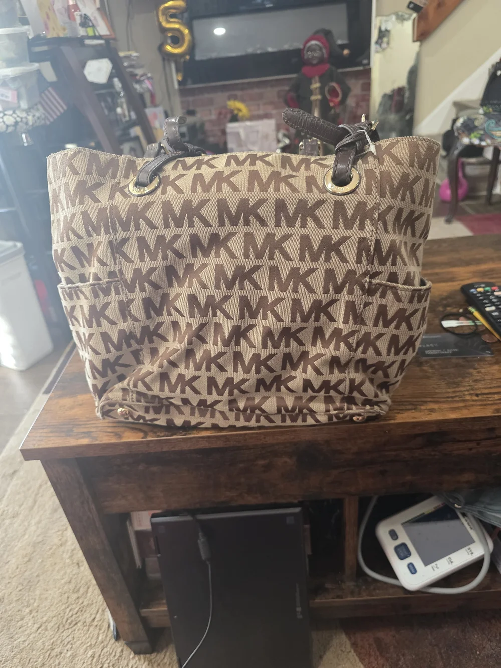 Michael Kors Brown MK Logo Tote Bag - Classic Monogram Shoulder Bag - Picture 2 of 4
